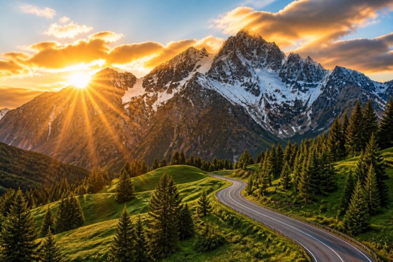 Sunrise over snow-capped Utah mountains with a winding road climbing through green foothills